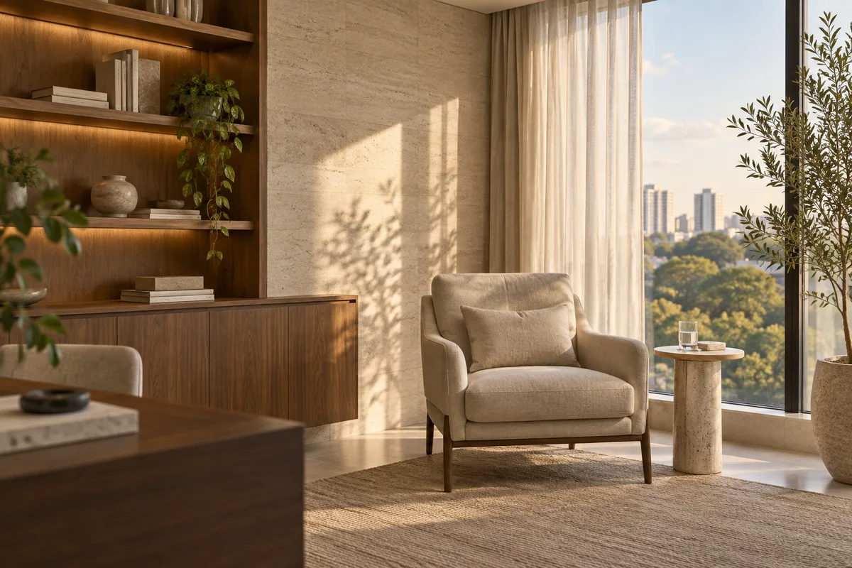 Consultório com poltrona de linho e luz natural